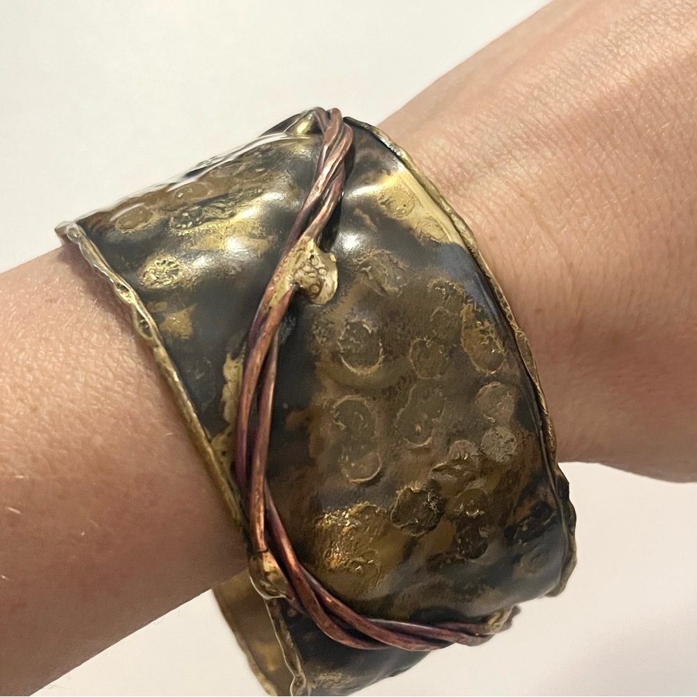 Vintage Brutalist Hammered Copper and Brass Cuff Chunky 1.5" Thick Bracelet